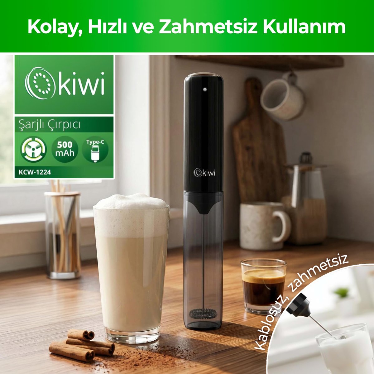 Kiwi KCW-1224 Şarjlı Kablosuz Mini Mikser – Tek Bardaklık Ayran, Kahve ve Yumurta Çırpıcı, Kapaklı Type-C Güçlü Süt Köpürtücü