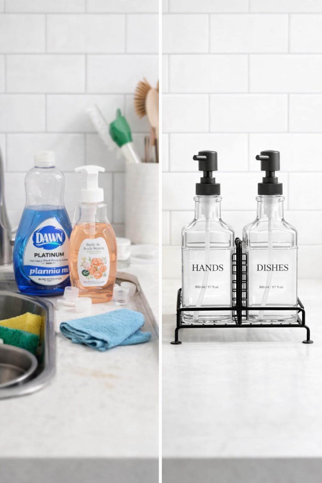 Busstier 2 Li Stantlı Siyah Sıvı Sabunluk Deterjanlık Seti Mutfak Evye Banyo Lavabo Tezgah Üstü Pompalı Dispenser Şık Minimal Düzenleyici