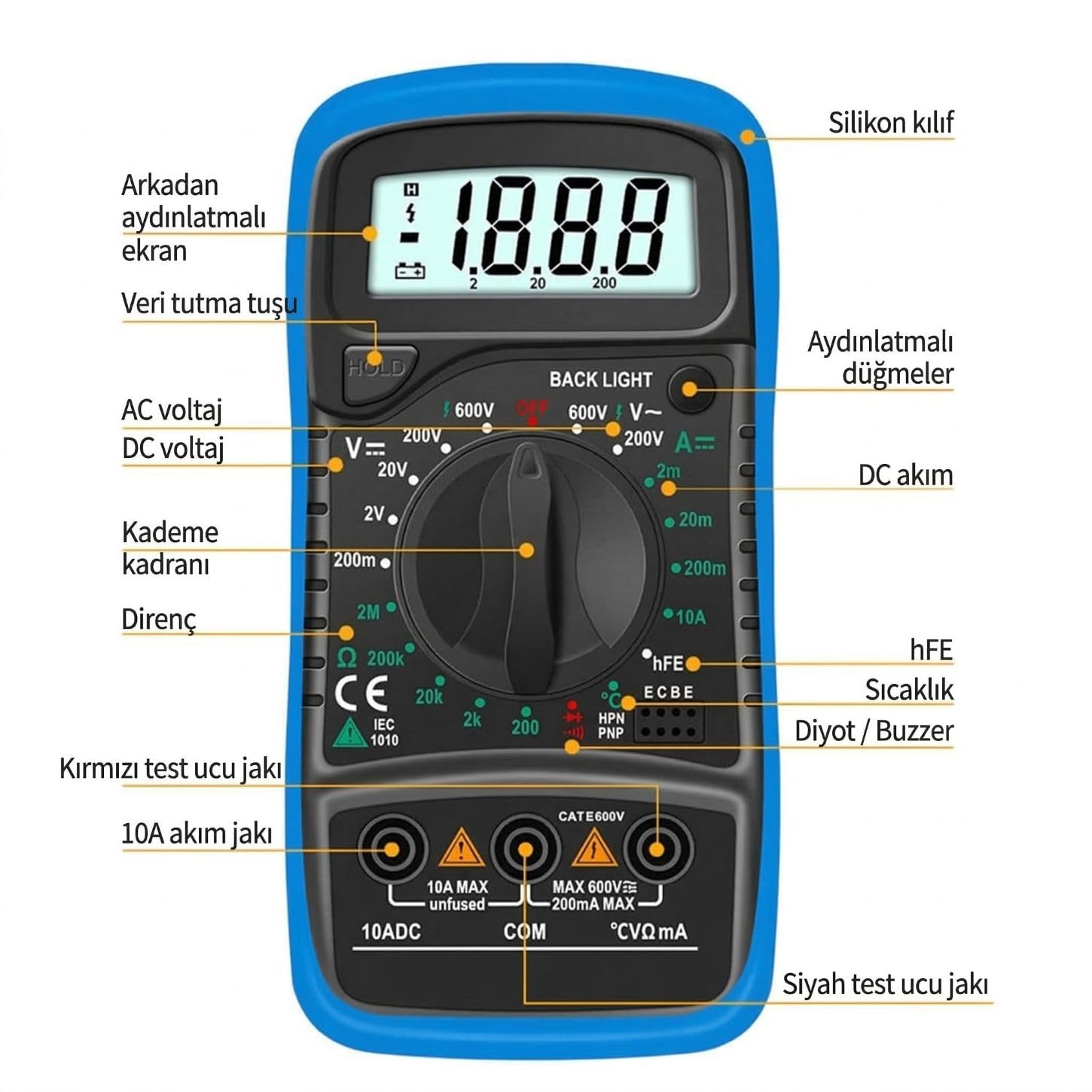 Orret Home LED Ekranlı Dijital Multimetre Ölçü Aleti, Işıklı Ekranlı Elektrik Akım Ölçer, Silikon Kılıflı Açılabilir Ayaklı Multimetre, Voltmetre Ampermetre Ohmmetre Elektrik Test Cihazı