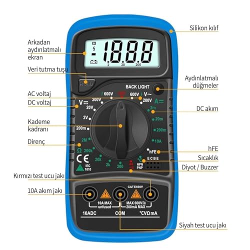 Orret Home LED Ekranlı Dijital Multimetre Ölçü Aleti, Işıklı Ekranlı Elektrik Akım Ölçer, Silikon Kılıflı Açılabilir Ayaklı Multimetre, Voltmetre Ampermetre Ohmmetre Elektrik Test Cihazı