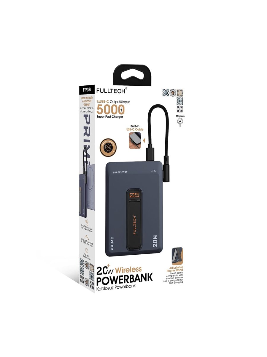 Fulltech FP38 5000 mAh MagSafe Kablosuz Powerbank | 20W PD Hızlı Şarj | Manyetik Tutucu | USB-C & Çift Çıkış