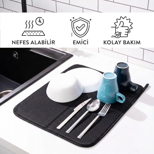 Orret Home Mikrofiber Bulaşık Kurutma Matı 45x35 cm Su Emici Tezgah Üstü Bulaşık Matı, Mutfak Kurulama Matı, Tabak Bardak Kurutma Pedi, Kaymaz Tezgah Koruyucu Mutfak Kurutma Matı
