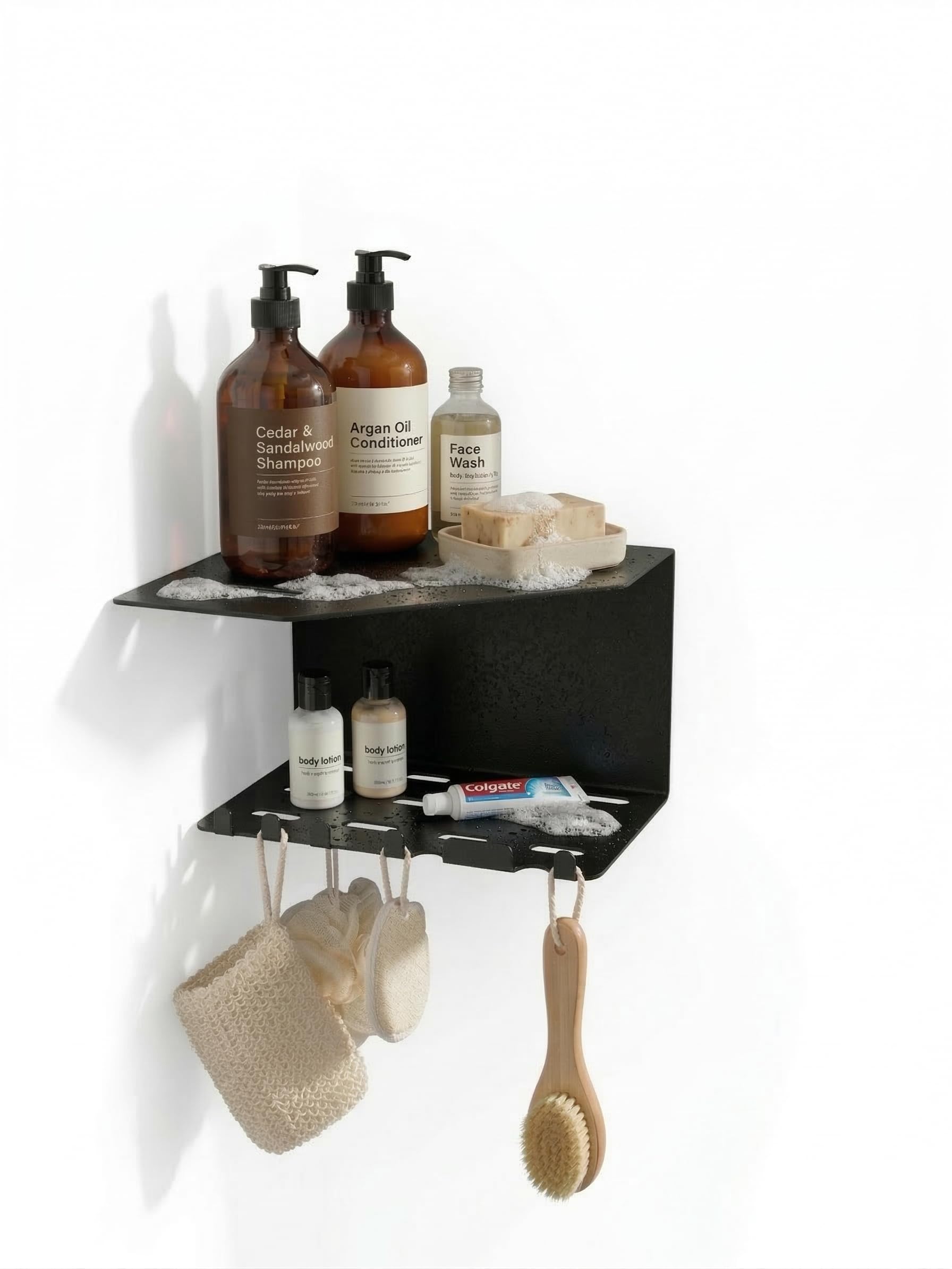Orret Home Metal Duşakabin Rafı Yapışkanlı Banyo Rafı Delmeden Montaj Köşe Rafı Duş Rafı Şampuanlık Sabunluk Lif Askılı Paslanmaz Suya Dayanıklı Banyo Organizer