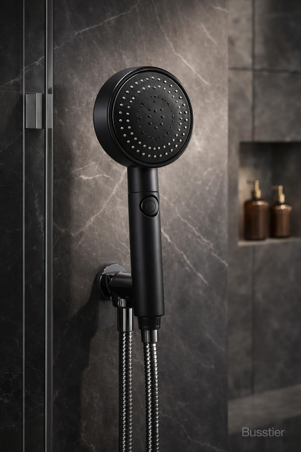 Busstier Siyah Pervaneli Turbo Duş Başlığı, 5 Akış Modlu Aç Kapa Kontrollü Yüksek Basınçlı Su Tasarruflu Masaj Etkili Modern Banyo El Duşu Standart Hortum Uyumlu