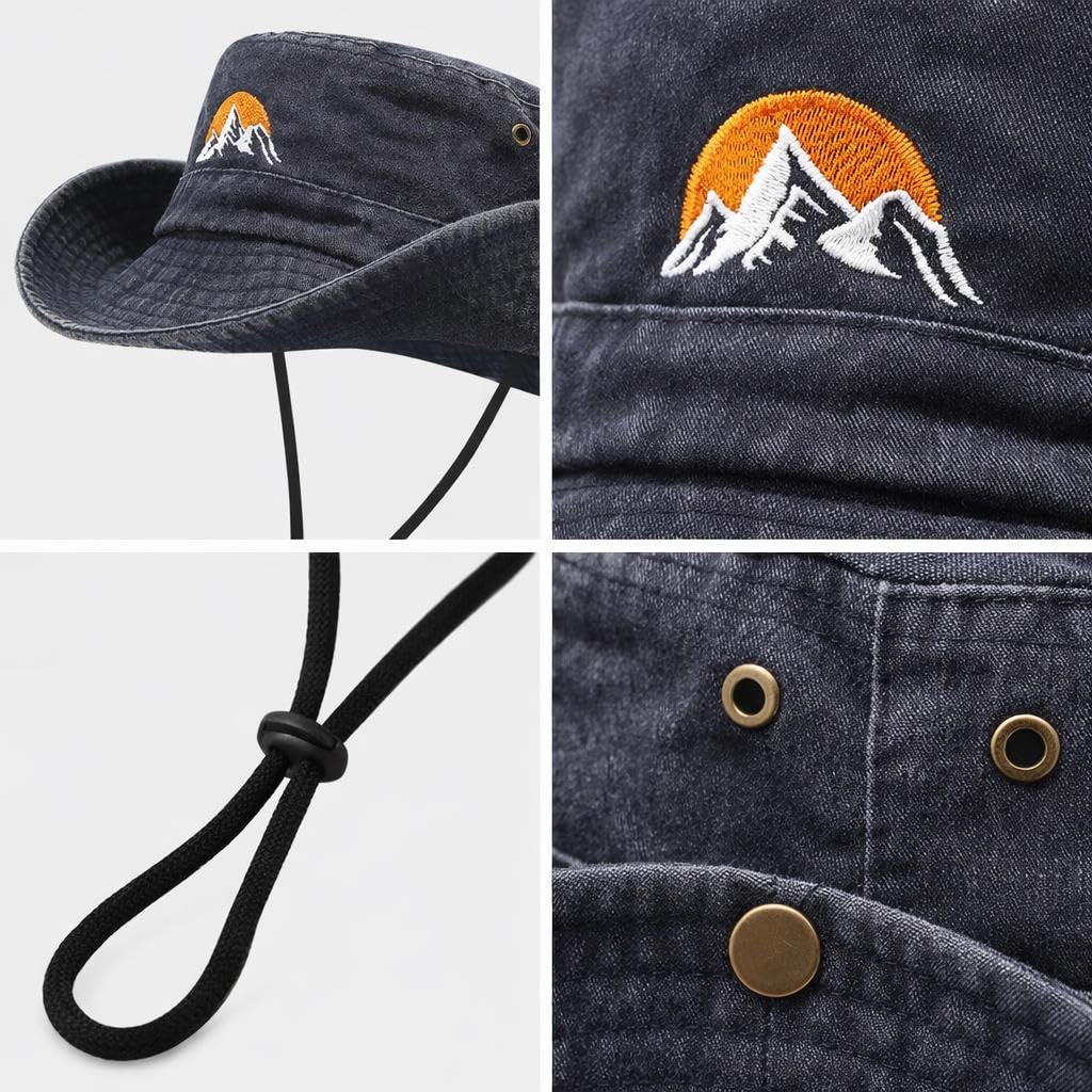 Valkyrie Outdoor Balıkçı Şapkası Geniş Kenarlı Dağ Nakışlı Kamp Yürüyüş Balıkçı Şapka Siyah