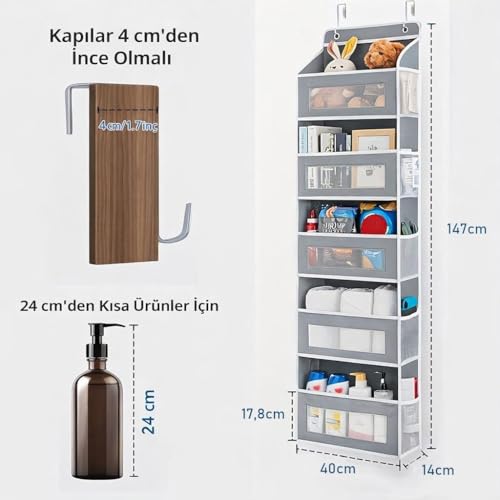Valkyrie Kapı Arkası Organizer 5 Cepli Askılı Dolap Düzenleyici Çok Amaçlı Kapı Arkası Raf 20kg Taşıma Gri