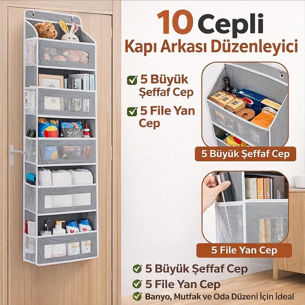 Valkyrie Kapı Arkası Organizer 5 Cepli Askılı Dolap Düzenleyici Çok Amaçlı Kapı Arkası Raf 20kg Taşıma Gri