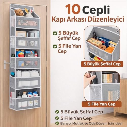 Valkyrie Kapı Arkası Organizer 5 Cepli Askılı Dolap Düzenleyici Çok Amaçlı Kapı Arkası Raf 20kg Taşıma Gri