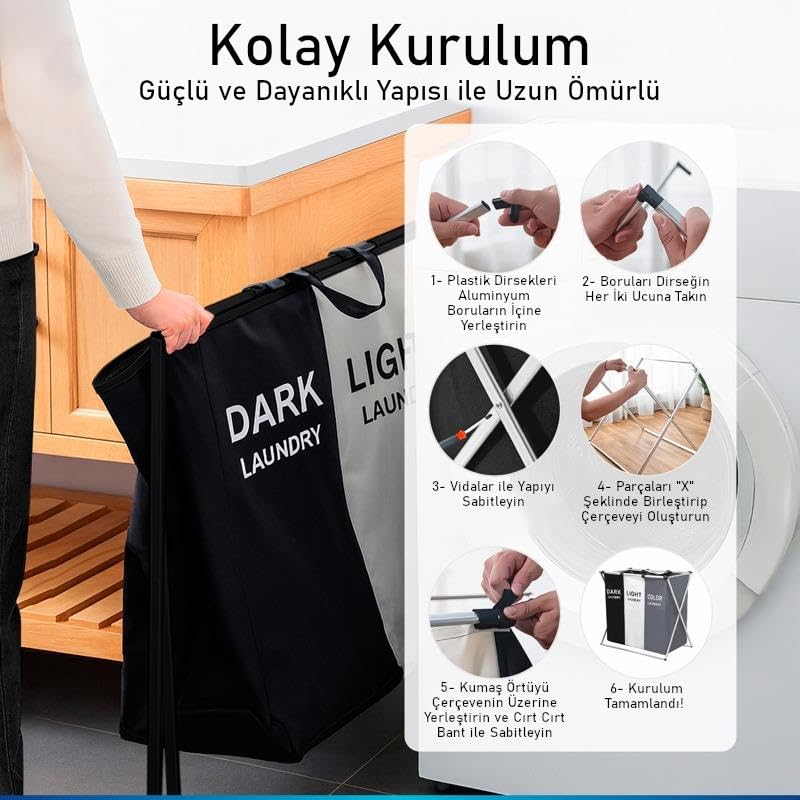 Valkyrie 3 Bölmeli Katlanabilir Çamaşır Sepeti Siyah Beyaz Renk Ayırmalı Çamaşır Organizer