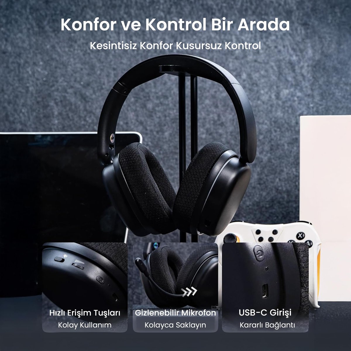 Aula G7 PRO Tri Mode Kablosuz RGB Gaming Mikrofonlu Oyuncu Kulaklığı 7.1 Surround Ses 40mm Driver Düşük Gecikme E-Spor Kulaklık Siyah