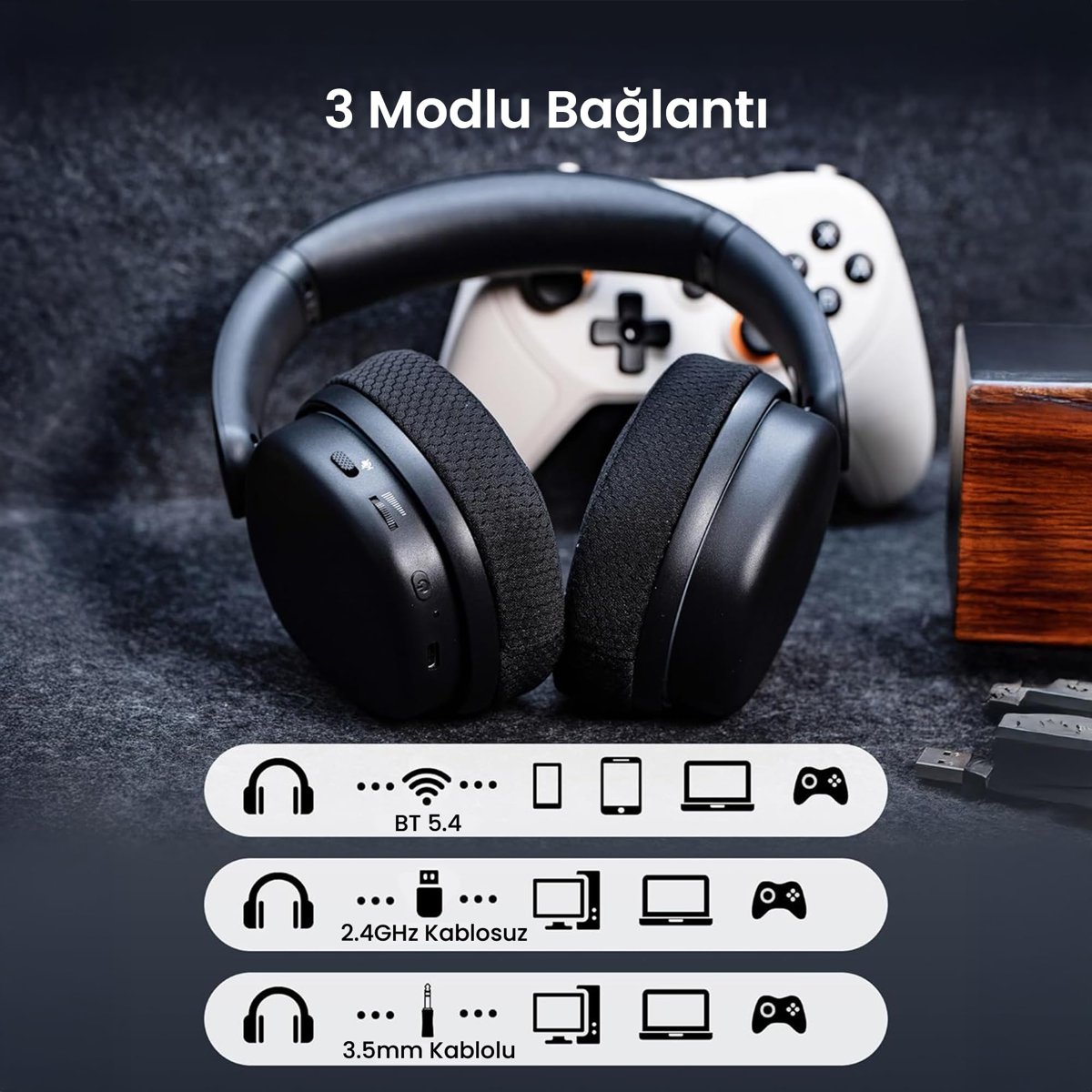 Aula G7 PRO Tri Mode Kablosuz RGB Gaming Mikrofonlu Oyuncu Kulaklığı 7.1 Surround Ses 40mm Driver Düşük Gecikme E-Spor Kulaklık Siyah
