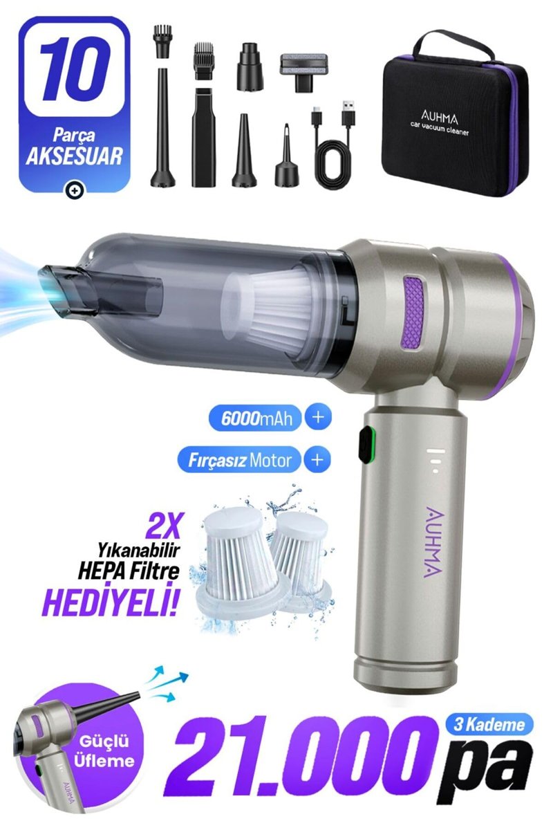 Ahv-02 Kablosuz Araç Içi Süpürge Mor | 21000Pa Güçlü Vakum | Fırçasız Motor | Üfleme & Vakum Ö