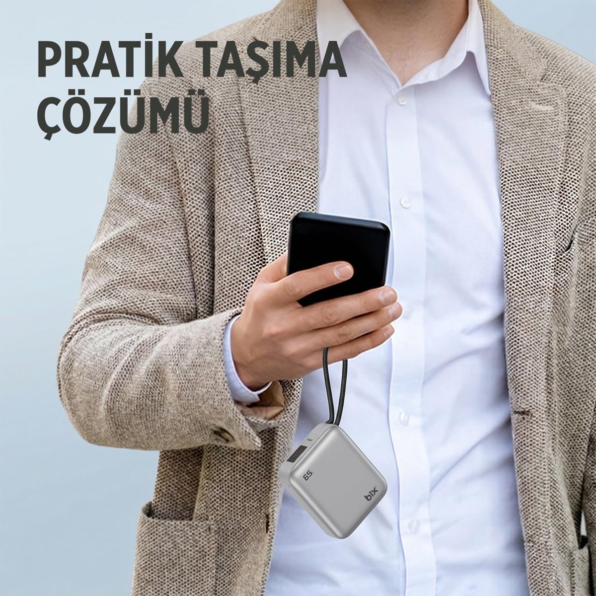 Bix PB120 20000mAh PD 65W Cep Boyu Kompakt Tasarımlı Dijital Göstergeli Powerbank Taşınabilir Süper Hızlı Şarj Cihazı (Gri)