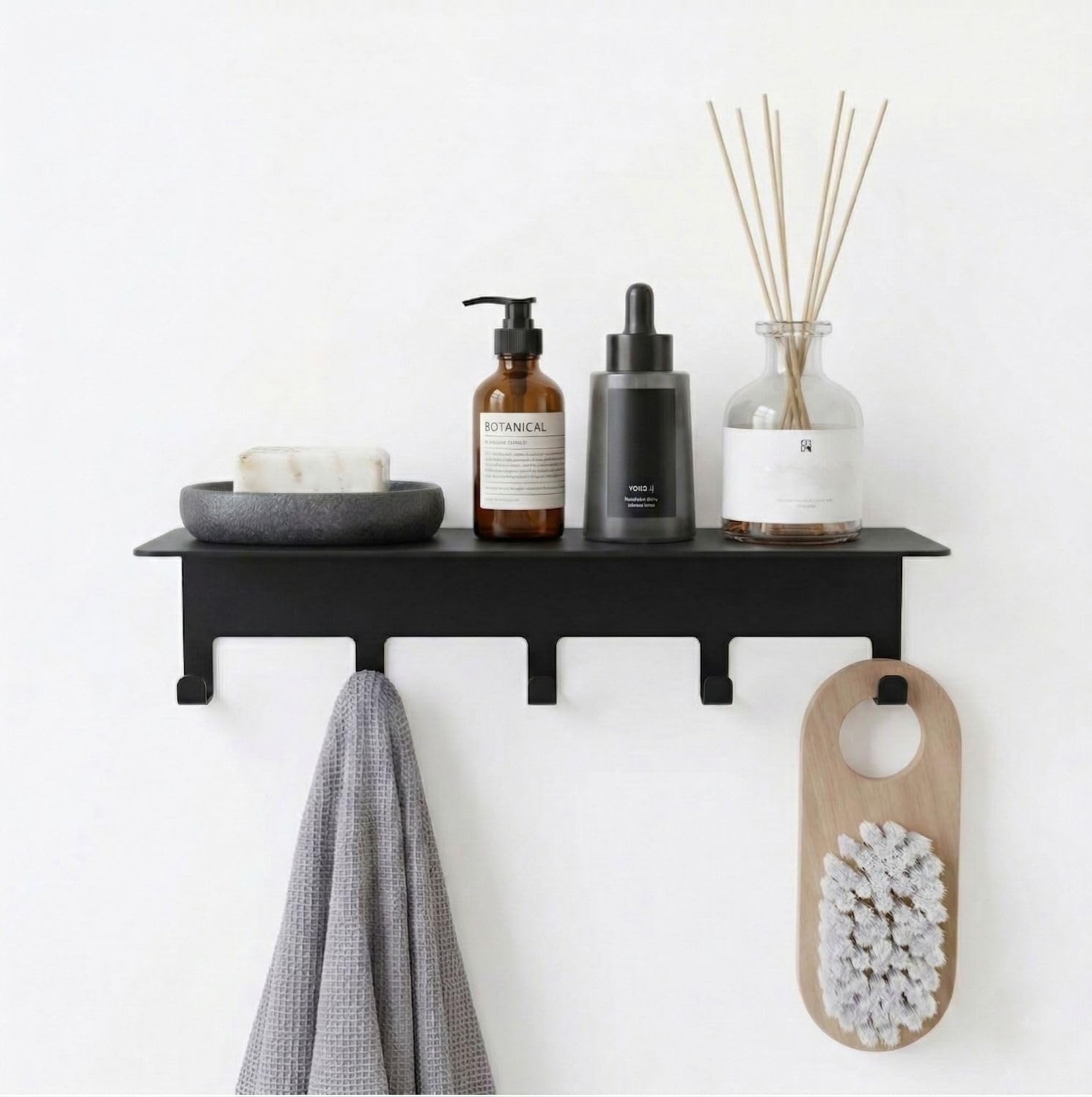 Orret Home Yapışkanlı Metal Banyo Rafı 5 Kancalı Duvar Rafı Organizer Dekoratif Raf Siyah Paslanmaz Duvar Rafı Havluluk Askılık Banyo Mutfak Çok Amaçlı Raf