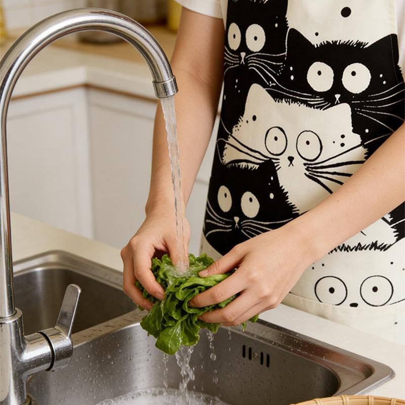 Valkyrie Siyah Beyaz Kedi Desenli Mutfak Önlüğü Cepli Unisex Mutfak Pişirme Temizlik Servis Önlüğü
