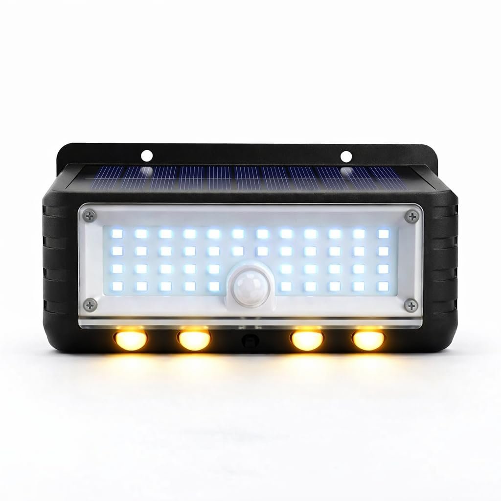 Panter Solar Hareket Sensörlü LED Duvar Lambası 3W 44 SMD Beyaz + 4 Gün Işığı LED, 300 Lümen, IP65 Su Geçirmez, 3 Modlu Güneş Enerjili Aplik, Balkon ve Bahçe Aydınlatması