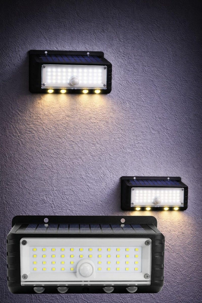 Panter Solar Hareket Sensörlü LED Duvar Lambası 3W 44 SMD Beyaz + 4 Gün Işığı LED, 300 Lümen, IP65 Su Geçirmez, 3 Modlu Güneş Enerjili Aplik, Balkon ve Bahçe Aydınlatması