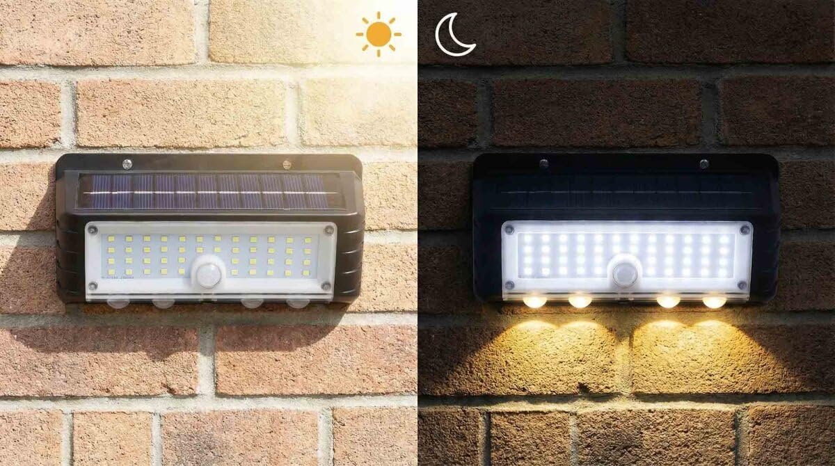 Panter Solar Hareket Sensörlü LED Duvar Lambası 3W 44 SMD Beyaz + 4 Gün Işığı LED, 300 Lümen, IP65 Su Geçirmez, 3 Modlu Güneş Enerjili Aplik, Balkon ve Bahçe Aydınlatması