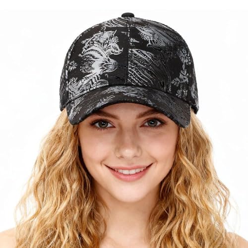 Valkyrie Kadın Siyah Parlak Desenli Baseball Şapka Ayarlanabilir Unisex Günlük Spor Kep