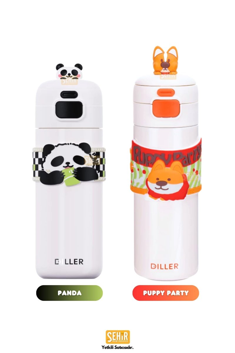 Diller 480ml Sevimli Hayvanlar Süslü Pipetli/Pipetsiz El Askılı Paslanmaz Çelik Termos (Kahverengi Capybara)