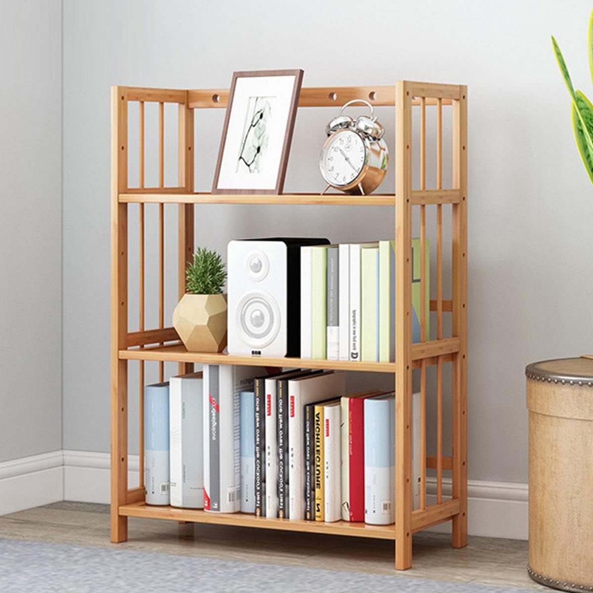 Valkyrie 3 Katlı Bambu Kitaplık 60x23x72 cm Doğal Ahşap Görünümlü Çok Amaçlı Dekoratif Raf