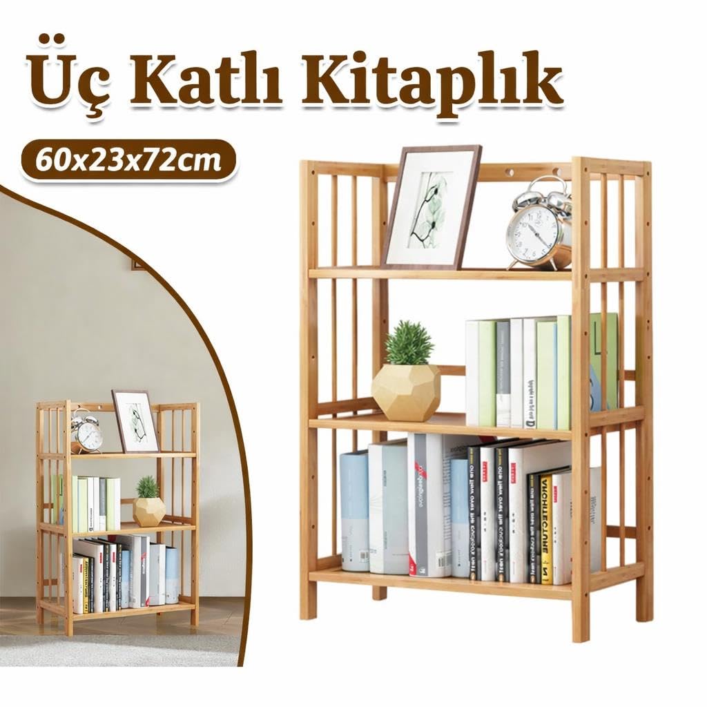 Valkyrie 3 Katlı Bambu Kitaplık 60x23x72 cm Doğal Ahşap Görünümlü Çok Amaçlı Dekoratif Raf