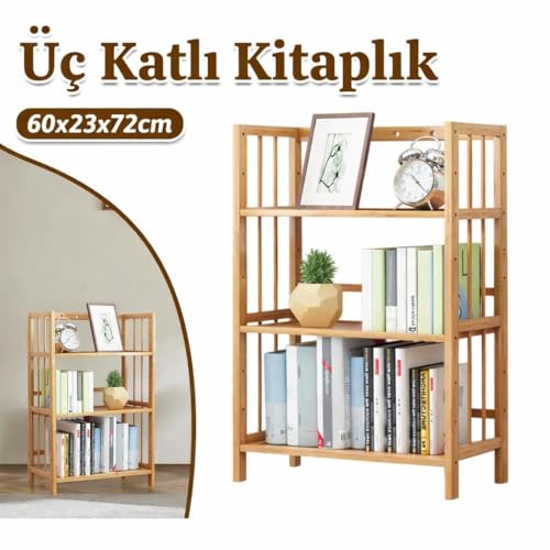 Valkyrie 3 Katlı Bambu Kitaplık 60x23x72 cm Doğal Ahşap Görünümlü Çok Amaçlı Dekoratif Raf