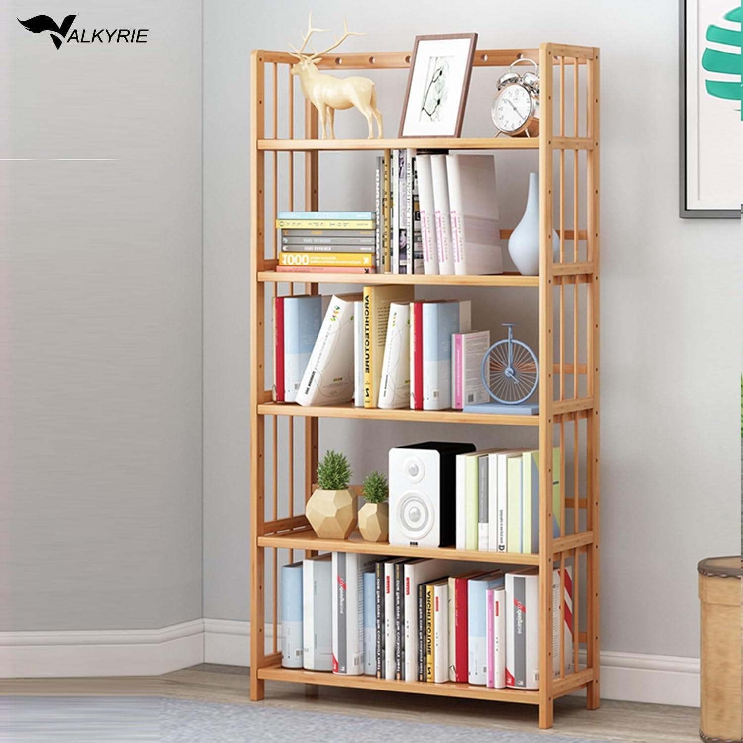 Valkyrie 5 Katlı Bambu Raf Kitaplık 60x23x128 cm Çok Amaçlı Düzenleyici Dekoratif Organizer