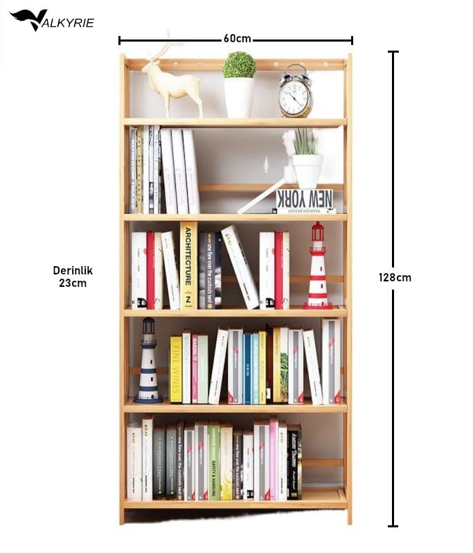 Valkyrie 5 Katlı Bambu Raf Kitaplık 60x23x128 cm Çok Amaçlı Düzenleyici Dekoratif Organizer