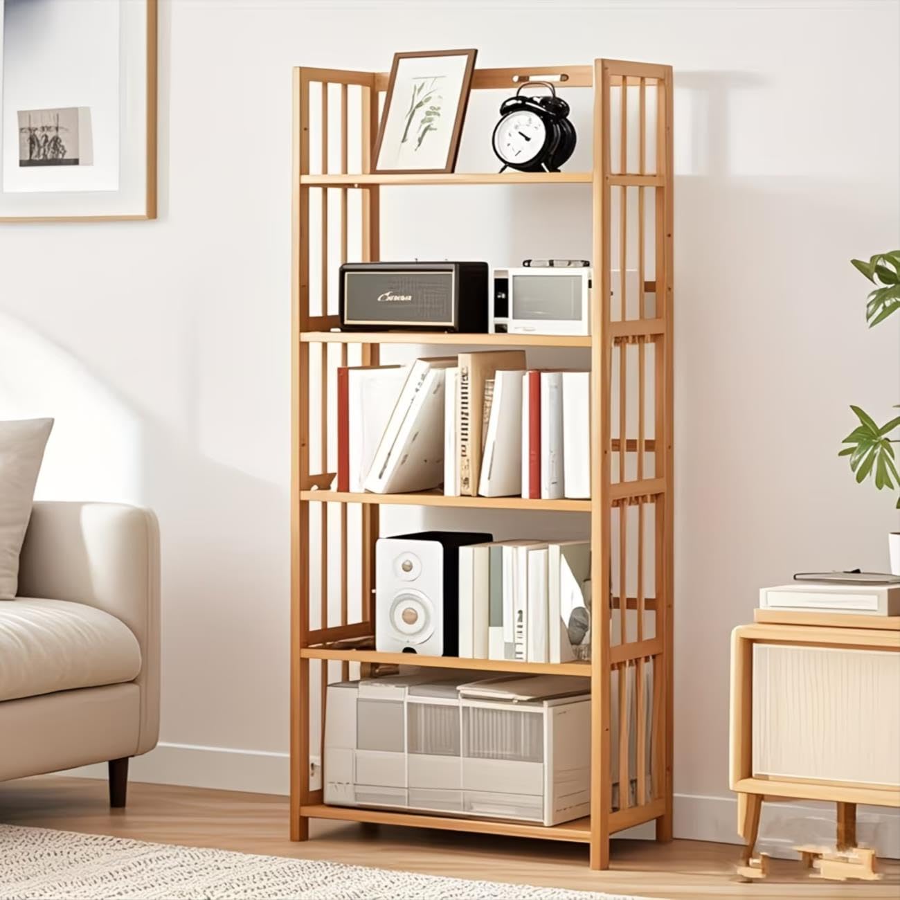 Valkyrie 5 Katlı Bambu Raf Kitaplık 60x23x128 cm Çok Amaçlı Düzenleyici Dekoratif Organizer