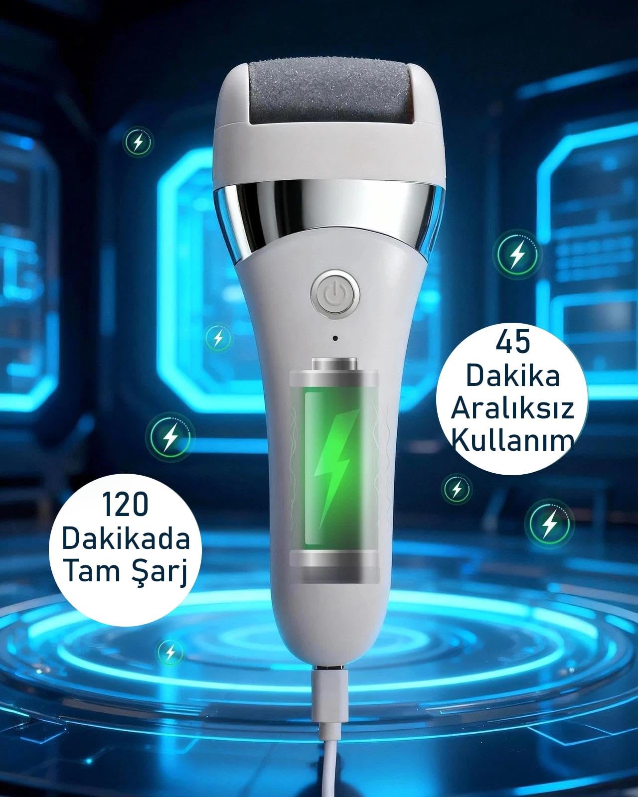 Valkyrie Şarjlı Elektrikli Topuk Törpüsü Ayak Bakım Cihazı 3 Başlıklı Suya Dayanıklı Dijital Ekranlı