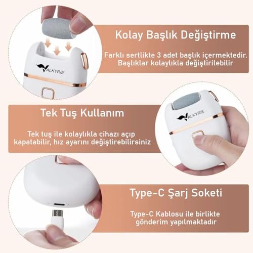 Valkyrie Şarjlı Pedikür Makinesi Nasır Giderici Elektrikli Ayak Törpüsü Type-C 3 Başlıklı Taşınabilir