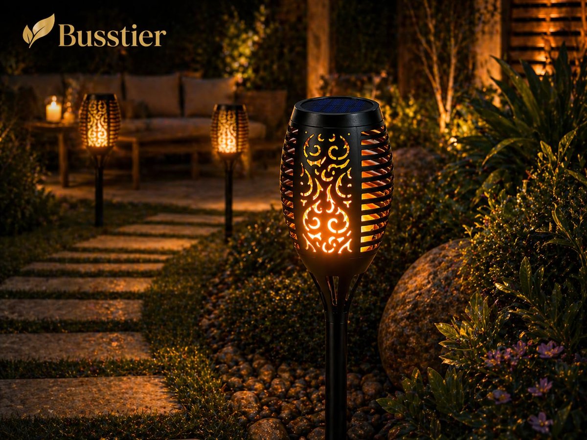 Busstier Led Alev Efektli Solar Lamba Dekoratif Bahçe Aydınlatma Meşale Güneş Enerjili Dış Mekan Teras Çim Yol Aydınlatması Sarı Işık Bahçe Dekor Lambası