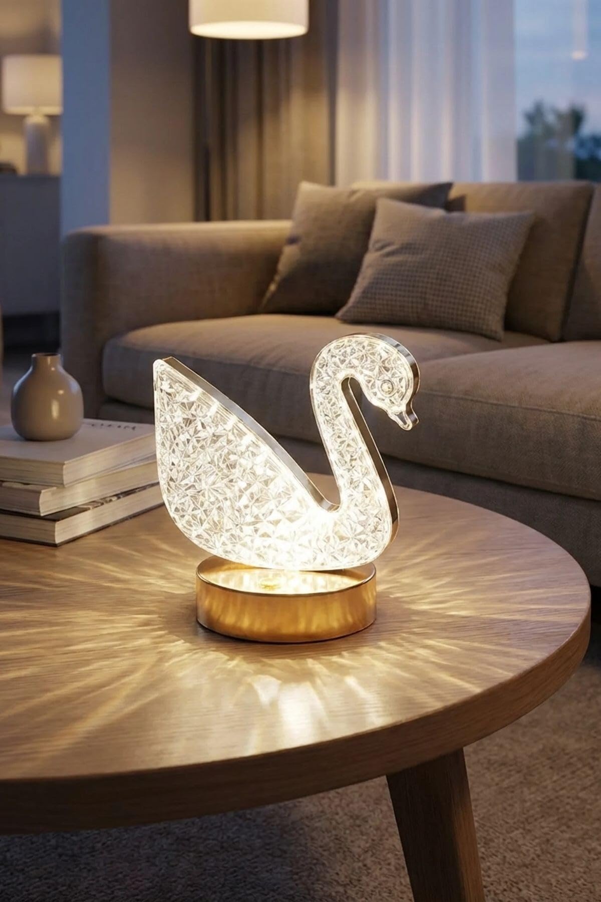 Buffer Kuğu Model Kristal LED Masa Lambası, Dokunmatik, 3 Renk Işık Modlu, Şarjlı, 14 x 14 cm, Gümüş