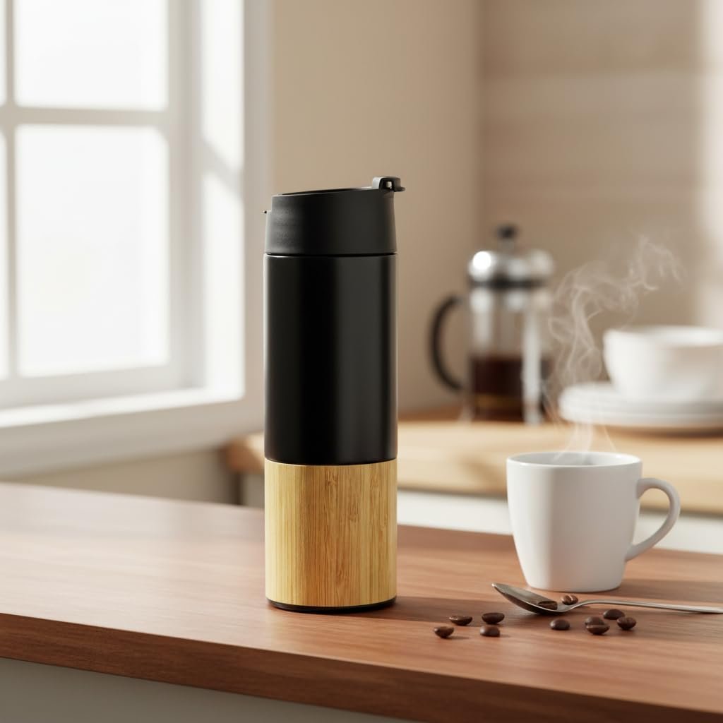 Deconox 450 ml Bambu Kaplamalı Çelik Termos - Sıcak ve Soğuk Tutucu Sızdırmaz Mat Siyah Kahve Termosu