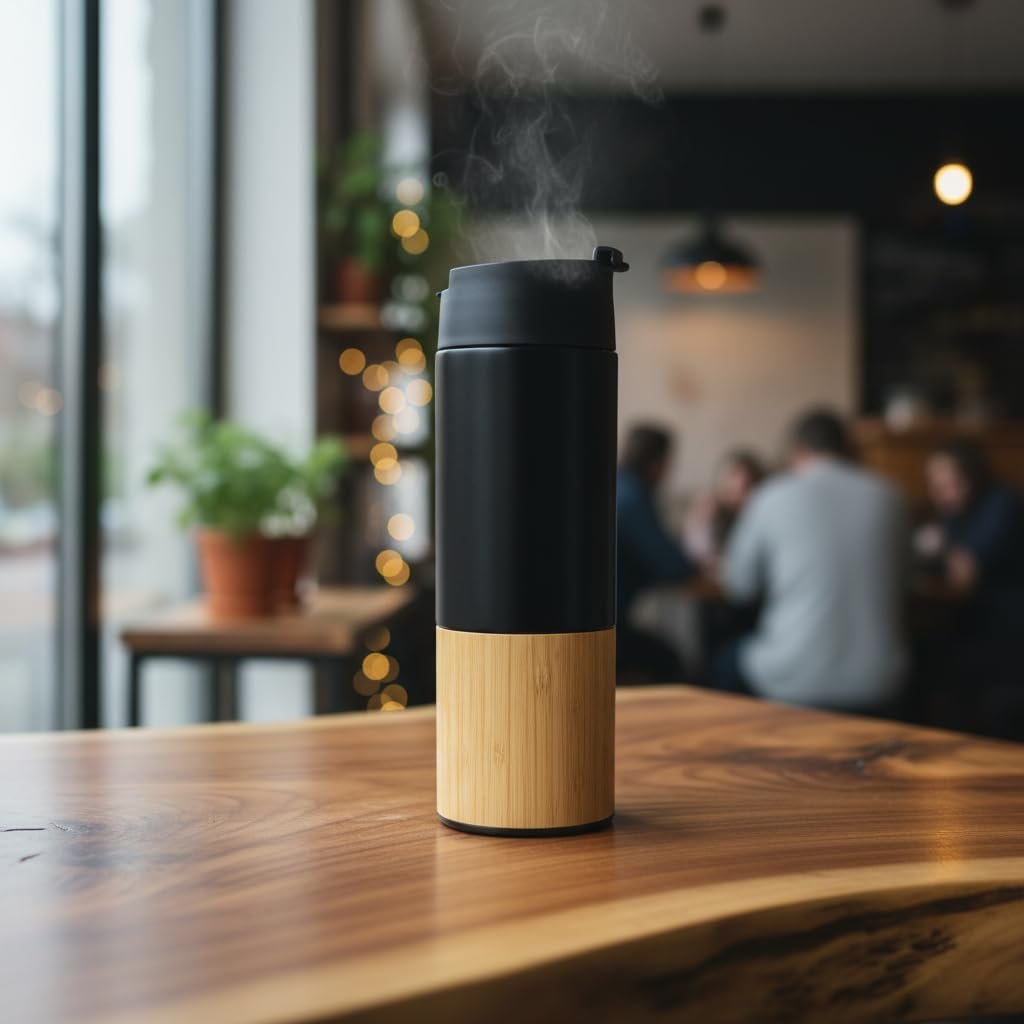 Deconox 450 ml Bambu Kaplamalı Çelik Termos - Sıcak ve Soğuk Tutucu Sızdırmaz Mat Siyah Kahve Termosu