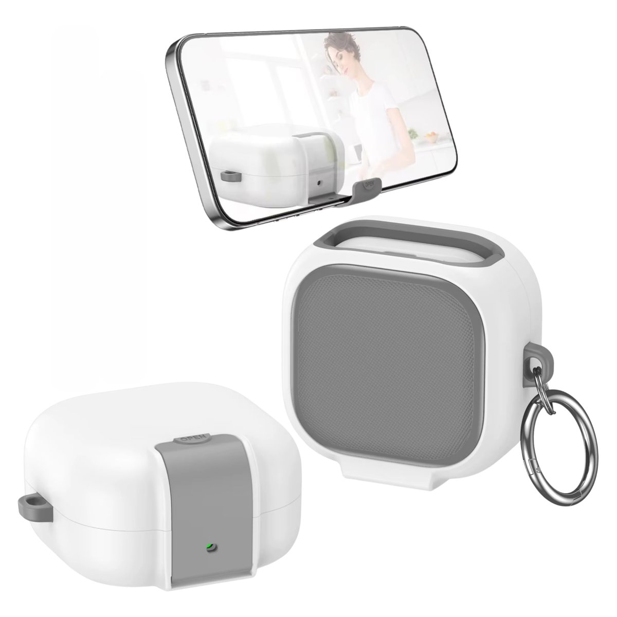 Samsung Galaxy Buds4 ve Buds4 Pro Uyumlu Güvenlik Kilitli Telefon Standı Fonksiyonlu Premium Kulaklık Kılıfı (Beyaz)