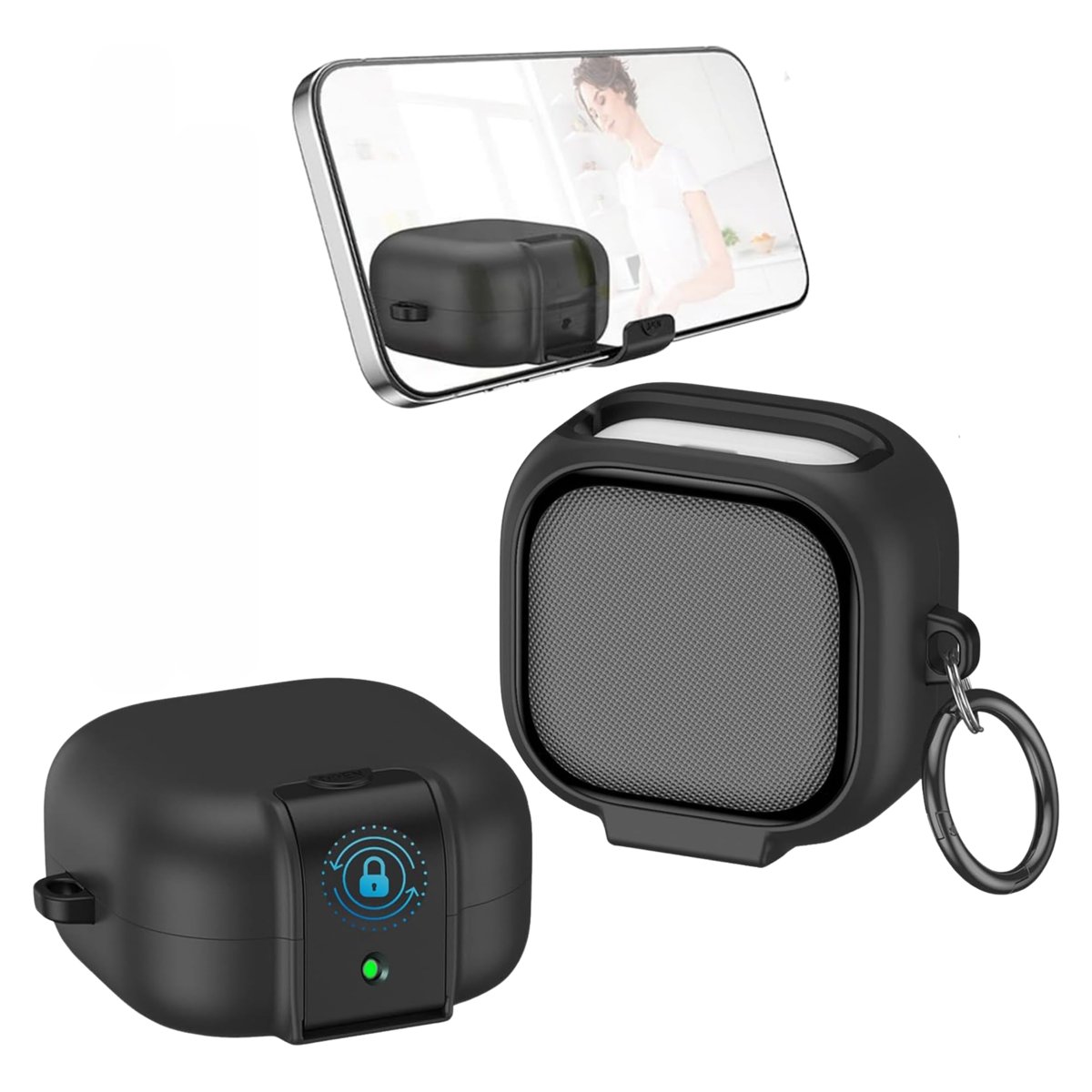 Samsung Galaxy Buds4 ve Buds4 Pro Uyumlu Güvenlik Kilitli Telefon Standı Fonksiyonlu Premium Kulaklık Kılıfı (Siyah)
