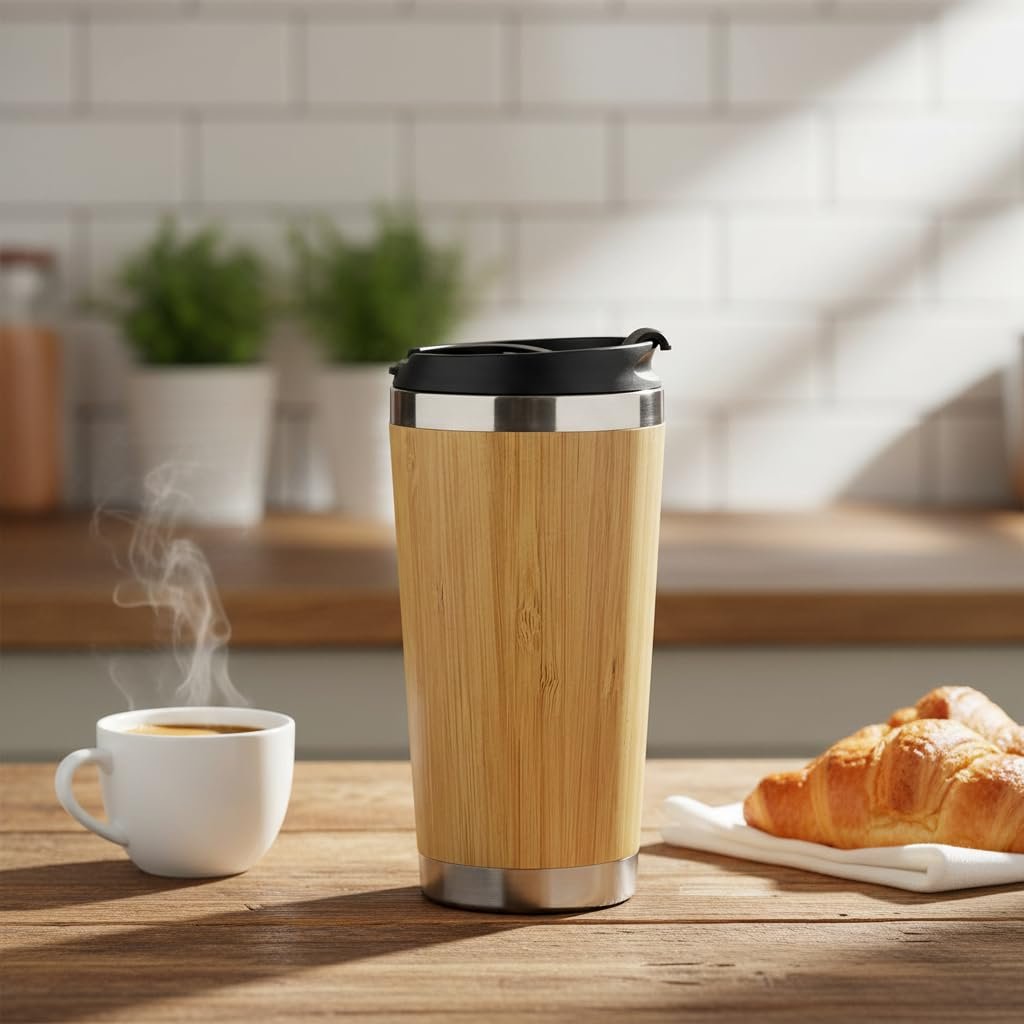 Deconox 450 ml Bambu Kaplama Tabanlı Çelik Termos - Sıcak ve Soğuk Tutucu Gümüş Renkli Seyahat Bardağı (Mug)