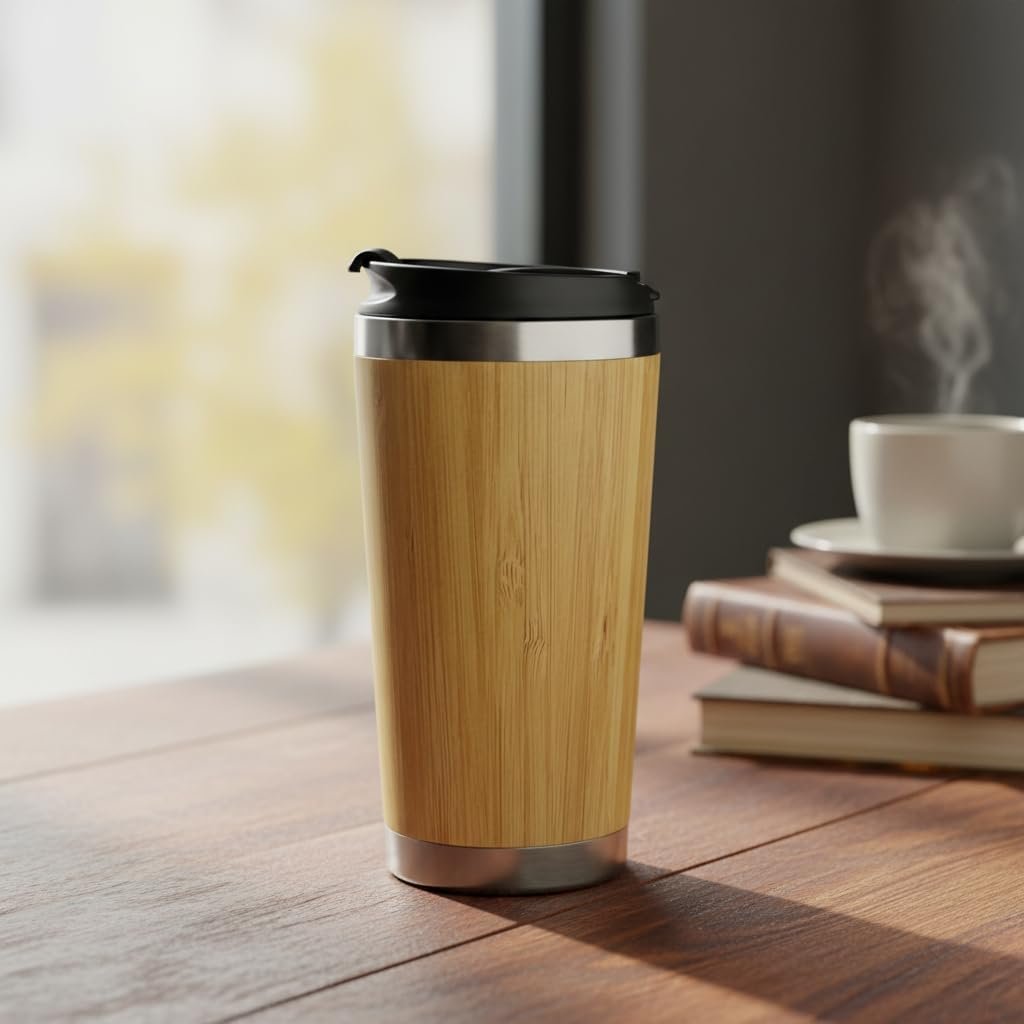 Deconox 450 ml Bambu Kaplama Tabanlı Çelik Termos - Sıcak ve Soğuk Tutucu Gümüş Renkli Seyahat Bardağı (Mug)