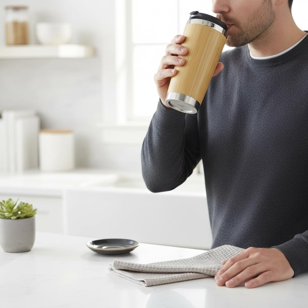 Deconox 450 ml Bambu Kaplama Tabanlı Çelik Termos - Sıcak ve Soğuk Tutucu Gümüş Renkli Seyahat Bardağı (Mug)
