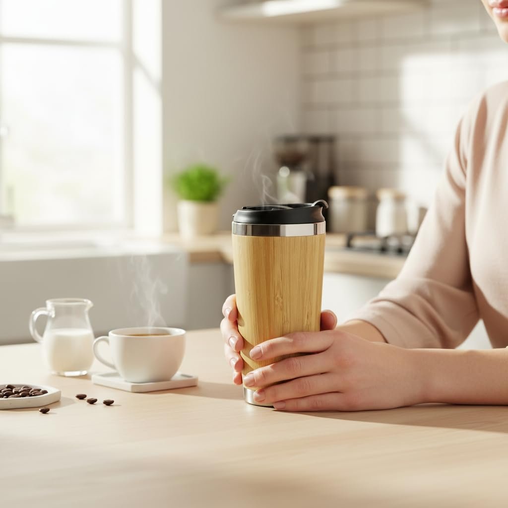 Deconox 450 ml Bambu Kaplama Tabanlı Çelik Termos - Sıcak ve Soğuk Tutucu Gümüş Renkli Seyahat Bardağı (Mug)