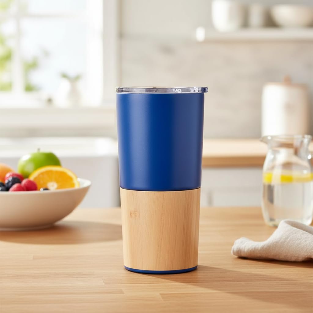 Deconox 600 ml Bambu Tabanlı Çelik Termos Mug - 5 Farklı Renk Seçenekli Sıcak ve Soğuk Tutucu Seyahat Bardağı (MAVİ)