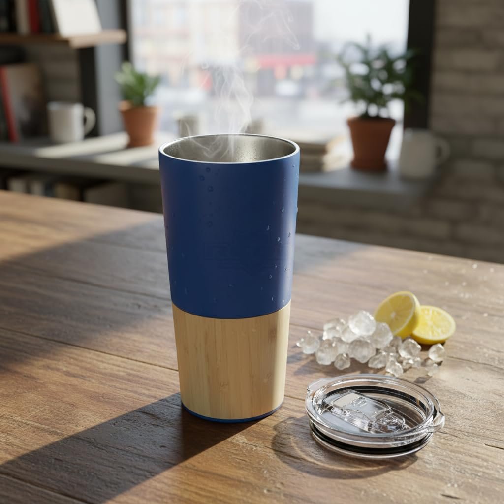 Deconox 600 ml Bambu Tabanlı Çelik Termos Mug - 5 Farklı Renk Seçenekli Sıcak ve Soğuk Tutucu Seyahat Bardağı (MAVİ)