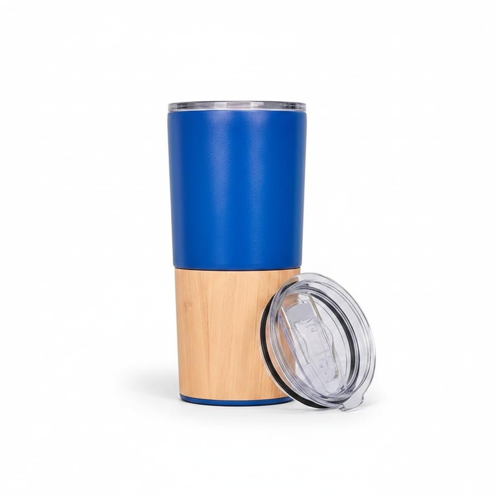 Deconox 600 ml Bambu Tabanlı Çelik Termos Mug - 5 Farklı Renk Seçenekli Sıcak ve Soğuk Tutucu Seyahat Bardağı (MAVİ)