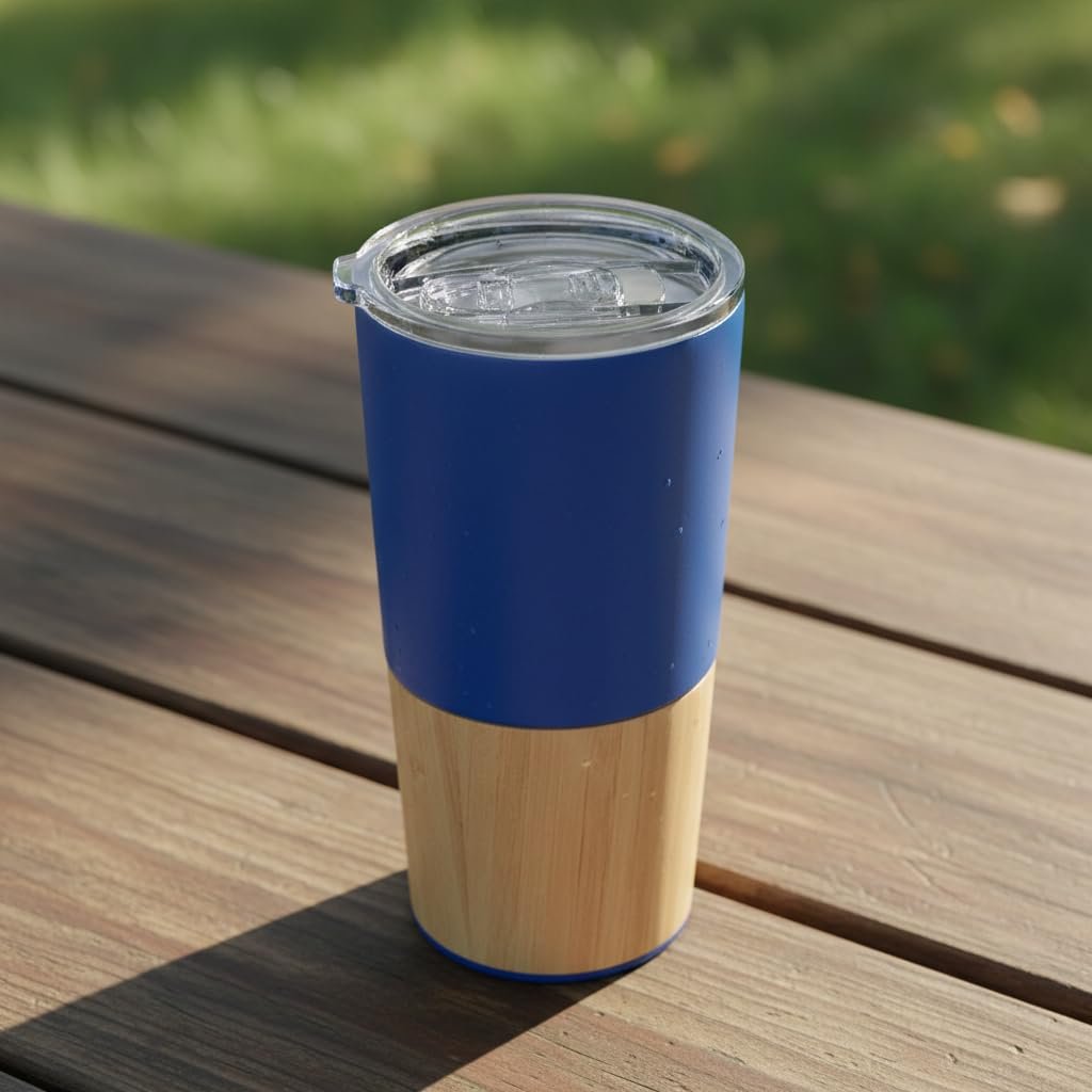 Deconox 600 ml Bambu Tabanlı Çelik Termos Mug - 5 Farklı Renk Seçenekli Sıcak ve Soğuk Tutucu Seyahat Bardağı (MAVİ)