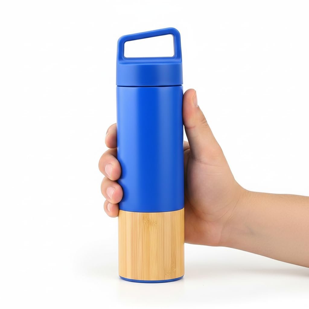 Deconox 600 ml Bambu Tabanlı Kulplu Çelik Termos Mug - 5 Renk Seçenekli Sıcak/Soğuk Tutucu Seyahat Bardağı (MAVİ)