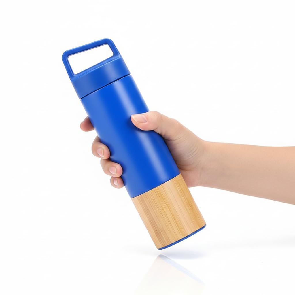 Deconox 600 ml Bambu Tabanlı Kulplu Çelik Termos Mug - 5 Renk Seçenekli Sıcak/Soğuk Tutucu Seyahat Bardağı (MAVİ)