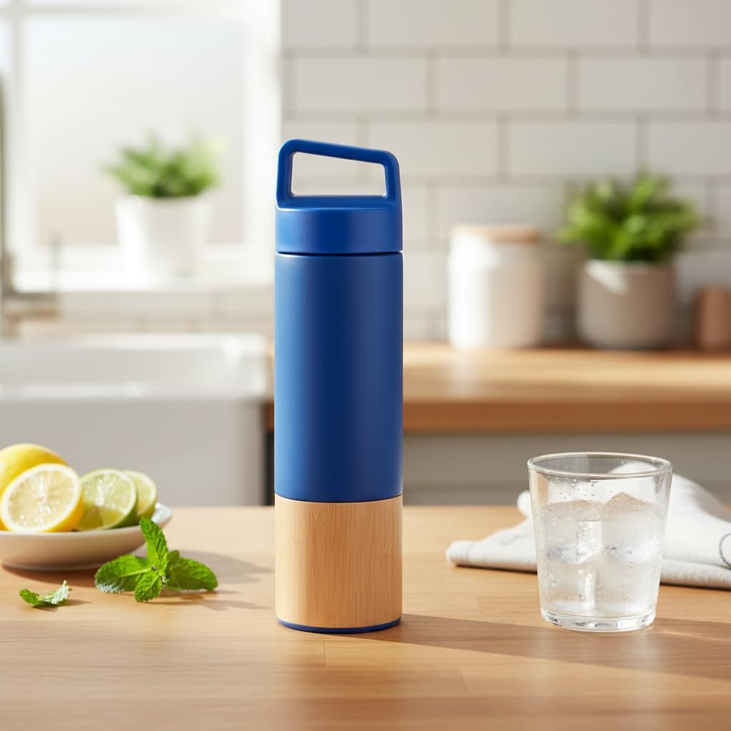 Deconox 600 ml Bambu Tabanlı Kulplu Çelik Termos Mug - 5 Renk Seçenekli Sıcak/Soğuk Tutucu Seyahat Bardağı (MAVİ)