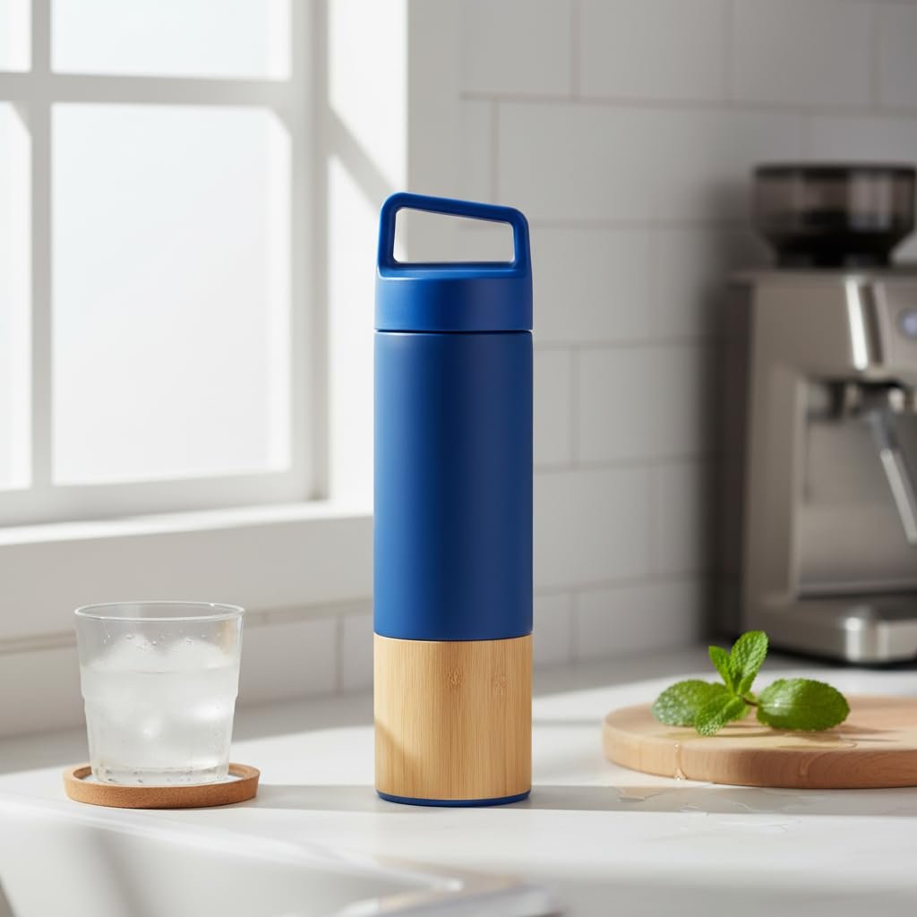 Deconox 600 ml Bambu Tabanlı Kulplu Çelik Termos Mug - 5 Renk Seçenekli Sıcak/Soğuk Tutucu Seyahat Bardağı (MAVİ)
